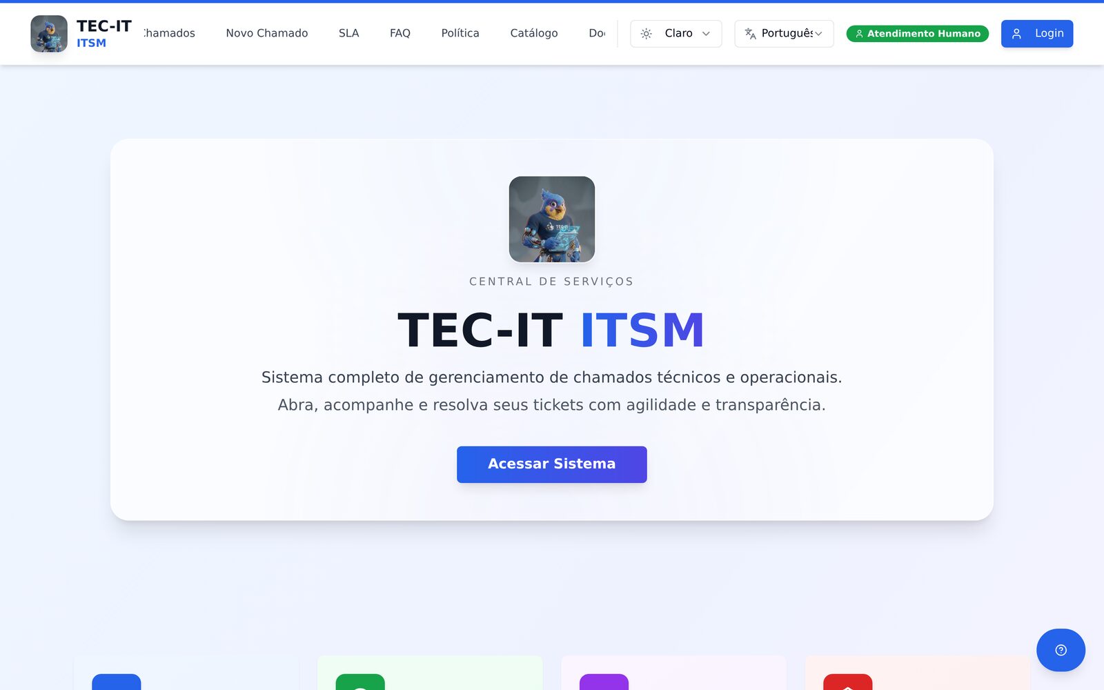 Central de serviços TEC-IT ITSM para abertura e acompanhamento de chamados
