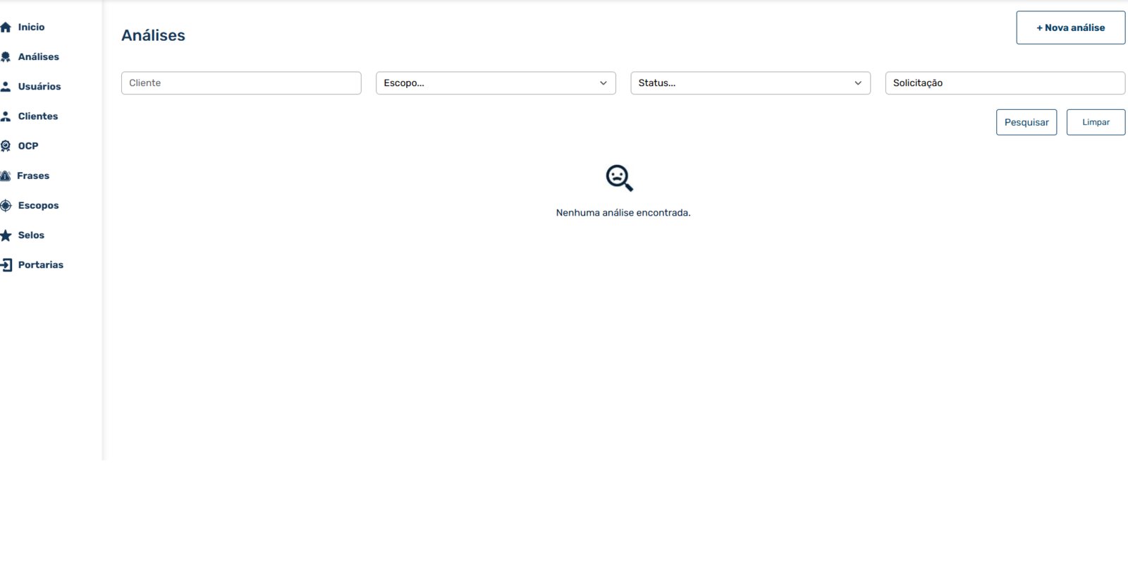 Tela de análises do Rotulei, com filtros por cliente, escopo, status e solicitação
